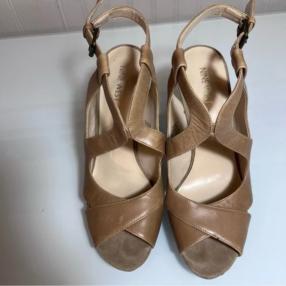 Nine West Marcalie Tan Leather Platform Sandals Strappy Peep Toe Block Heel sz 9 - Picture 15 of 16